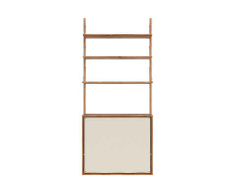 Frama Shelf Library Canvas Cabinet Section in Natural Oak, tall oak unit with three open shelves above a cabinet fronted in cream canvas
