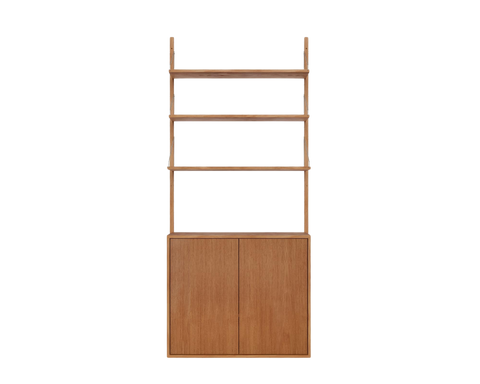 Frama Shelf Library Medium Cabinet Section in Natural Oak, tall wall unit with three open shelves above a two door cabinet, front view on white