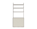 Frama Shelf Library Canvas Cabinet Section in Stainless Steel, steel uprights with three shelves above a cabinet fronted in pale canvas, on white