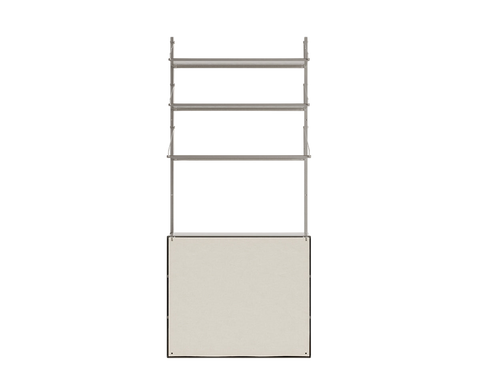 Frama Shelf Library Canvas Cabinet Section in Stainless Steel, steel uprights with three shelves above a cabinet fronted in pale canvas, on white
