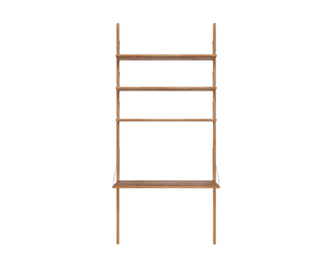 Frama Shelf Library Desk Section in natural oiled oak, wall-mounted rail shelving with integrated desk surface, H185.2 / W80 cm, front view on white background