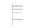 Frama Shelf Library Add-on Desk Section in Stainless Steel, tall unit with three narrow steel shelves above a deeper desk shelf, shown on white