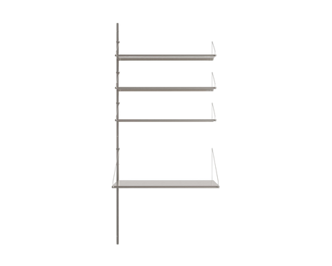 Frama Shelf Library Add-on Desk Section in Stainless Steel, tall unit with three narrow steel shelves above a deeper desk shelf, shown on white