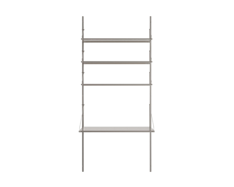 Frama Shelf Library Desk Section in brushed stainless steel, wall-mounted rail shelving with integrated desk surface, H185.2 / W80 cm, front view