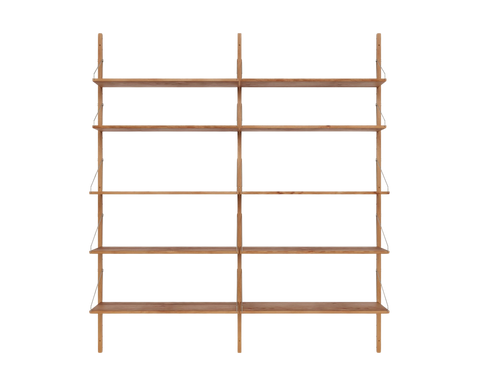 Frama Shelf Library Double Section in Natural Oak, tall oak shelving with five shelves spanning two bays between three uprights, on white
