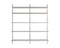 Frama Shelf Library Double Section in Stainless Steel, tall steel shelving with five shelves spanning two bays, front view on a white background