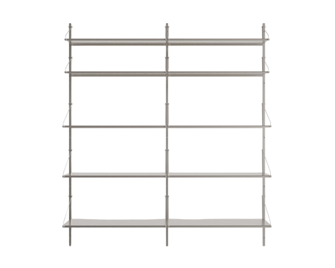 Frama Shelf Library Double Section in Stainless Steel, tall steel shelving with five shelves spanning two bays, front view on a white background