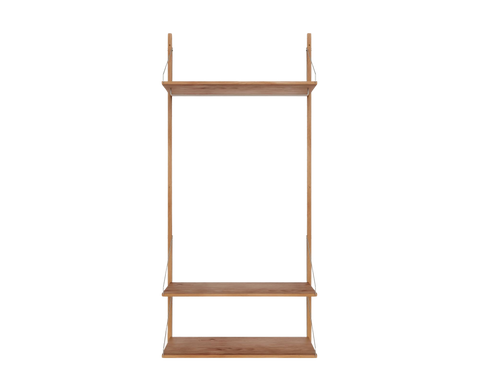 Frama Shelf Library Hanger Section in Natural Oak, taller oak unit with two shelves and a hanging rail beneath the upper shelf, front view on white