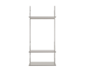 Frama Shelf Library Hanger Section in Stainless Steel, tall steel unit with three shelves spaced along the uprights, front view on a white background