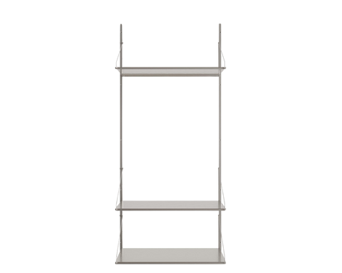 Frama Shelf Library Hanger Section in Stainless Steel, tall steel unit with three shelves spaced along the uprights, front view on a white background