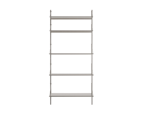 Frama Shelf Library Single Section in Stainless Steel, tall wide steel unit with five shelves, straight on packshot on white