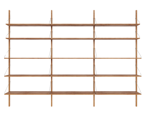 Frama Shelf Library Triple Section in Natural Oak, tall oak shelving with five long shelves spanning three bays, on white