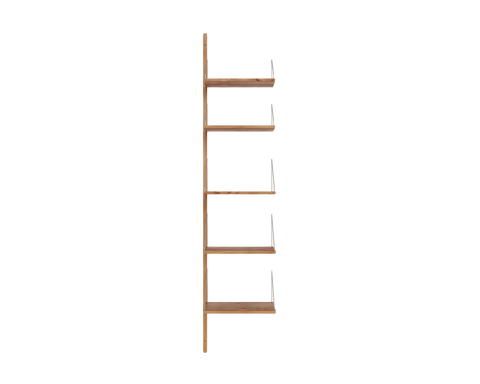 Frama Shelf Library Add-on Section in Natural Oak, tall narrow unit with one upright carrying five oak shelves, front view on a white background
