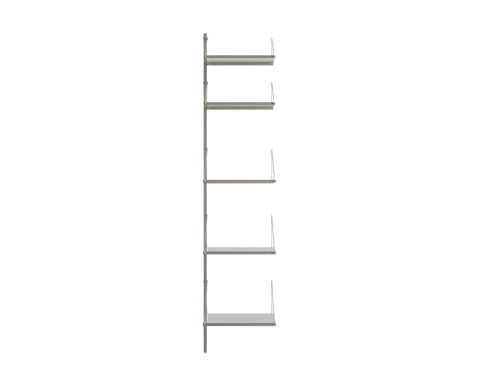 Frama Shelf Library Add-on Section in Stainless Steel, tall narrow steel unit with five shelves stacked along a single upright, shown on white
