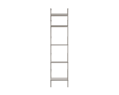 Frama Shelf Library Single Section in Stainless Steel, tall narrow steel unit with five shelves on two long uprights