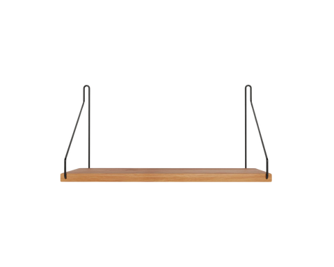 Frama Single Shelf, Natural Oak in Black, oak board on two slim black wire brackets, seen straight on against a pale ground