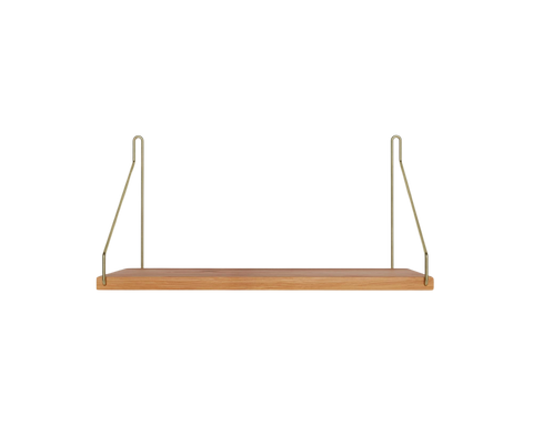 Frama Single Shelf, Natural Oak in Brass, oak board carried on two brass wire brackets, straight on view against pale grey