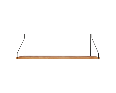 Frama Single Shelf, Natural Oak in Black, wider oak board on black wire brackets, plain background with a soft shadow