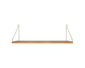Frama Single Shelf, Natural Oak in Brass, wider oak board on brass wire brackets, front view with the board edge visible