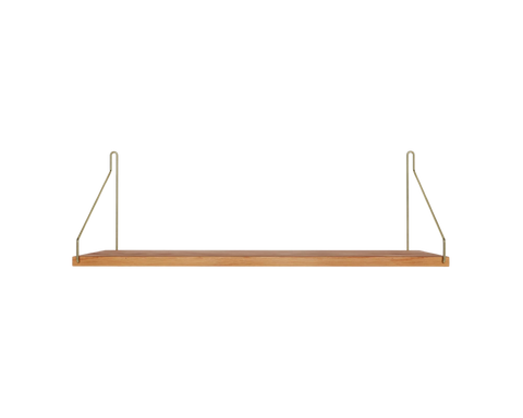 Frama Single Shelf, Natural Oak in Brass, wider oak board on brass wire brackets, front view with the board edge visible
