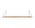 Frama Single Shelf, Natural Oak in Black, long oak board on two black brackets, front view showing the thin shelf edge