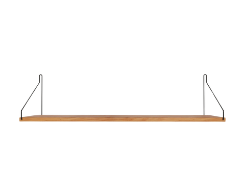 Frama Single Shelf, Natural Oak in Black, long oak board on two black brackets, front view showing the thin shelf edge
