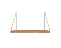 Frama Single Shelf, Natural Oak in Brass, short deep oak board on brass brackets, front view against a pale background