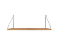 Frama Single Shelf, Natural Oak in Black, oak board with black brackets, seen level with the front edge on plain grey