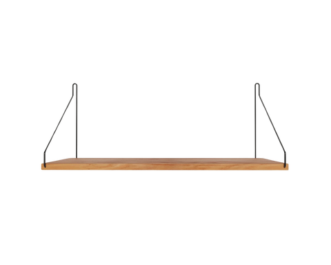 Frama Single Shelf, Natural Oak in Black, oak board with black brackets, seen level with the front edge on plain grey