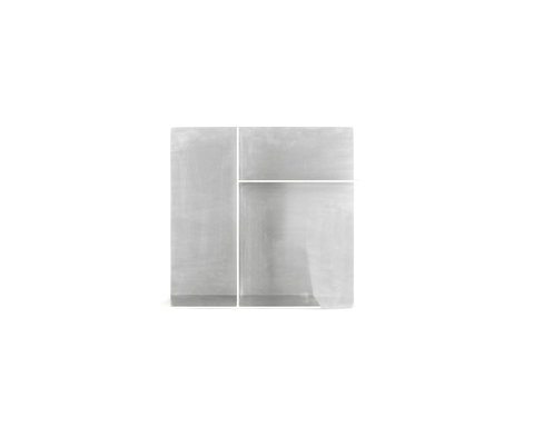 Frama Rivet Typecase in Aluminum, square metal wall box with a tall left bay and two stacked compartments, empty on white