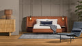 Blu Dot Bub Pendant Light in olive glass styled as bedside pendants in a warm modern bedroom setting