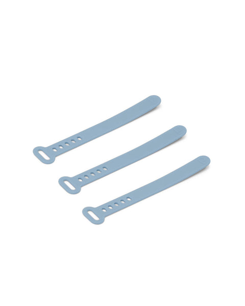 Pedestal Cable Tie in Powder Blue, soft silicone cable tie, three ties seen from a second angle