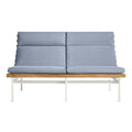 Perch Outdoor 2 Seat Sofa by Blu Dot in Sunbrella Oasis with white aluminum frame and teak slats, front view