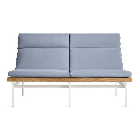 Perch Outdoor 2 Seat Sofa by Blu Dot in Sunbrella Oasis with white aluminum frame and teak slats, front view