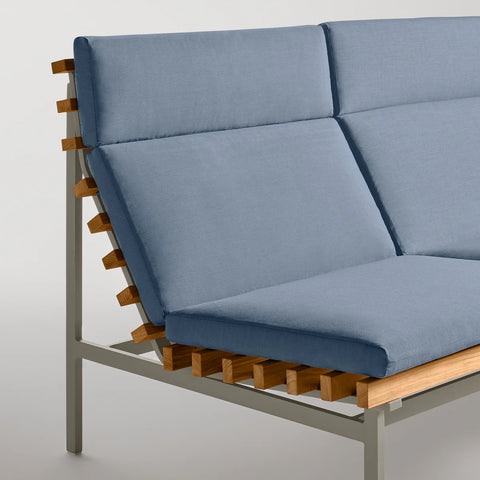 Perch Outdoor 3 Seat Sofa by Blu Dot, teak slat and Charcoal frame with Sunbrella Haze cushion, side detail