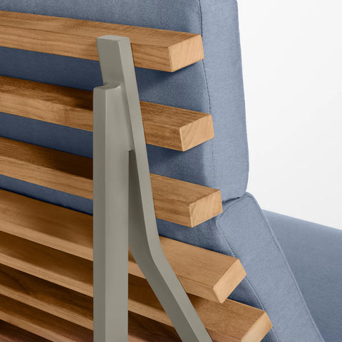 Perch Outdoor Lounge Chair by Blu Dot, FSC-certified teak slats and Charcoal frame with Sunbrella Haze cushion detail