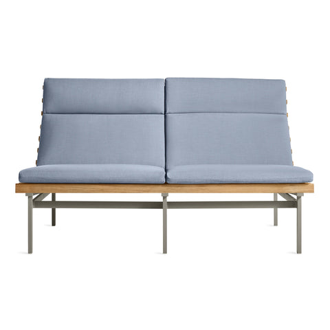 Perch Outdoor 2 Seat Sofa by Blu Dot in Sunbrella Oasis with charcoal aluminum frame and teak slats, front view