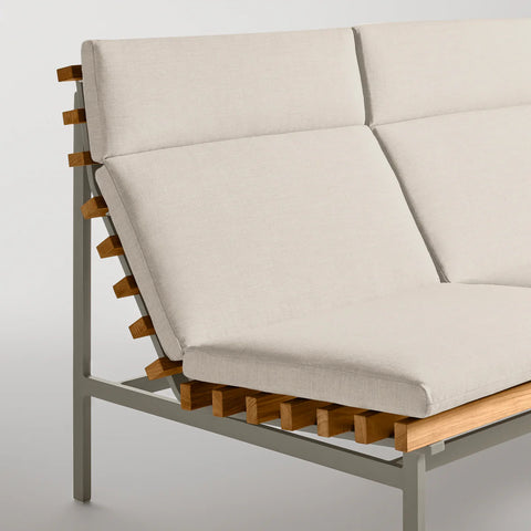 Perch Outdoor 3 Seat Sofa by Blu Dot, teak slat and Charcoal frame with Sunbrella Linen cushion, side detail