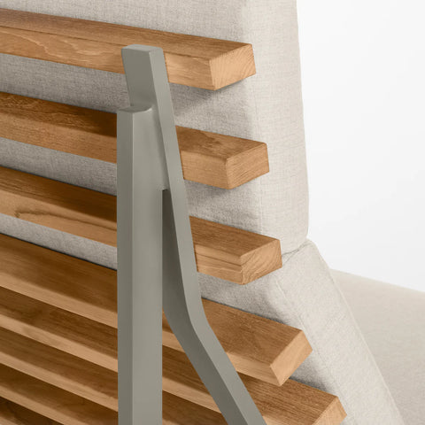 Perch Outdoor Lounge Chair by Blu Dot, FSC-certified teak slats and Charcoal frame with Sunbrella Linen cushion detail