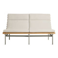 Perch Outdoor 2 Seat Sofa by Blu Dot in Sunbrella Haze with charcoal aluminum frame and teak slats, front view