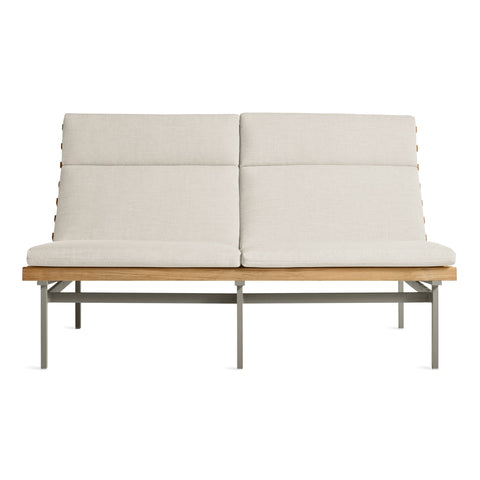 Perch Outdoor 2 Seat Sofa by Blu Dot in Sunbrella Haze with charcoal aluminum frame and teak slats, front view