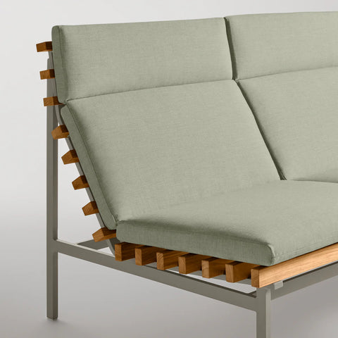 Perch Outdoor 3 Seat Sofa by Blu Dot, teak slat and Charcoal frame with Sunbrella Oasis cushion, side detail