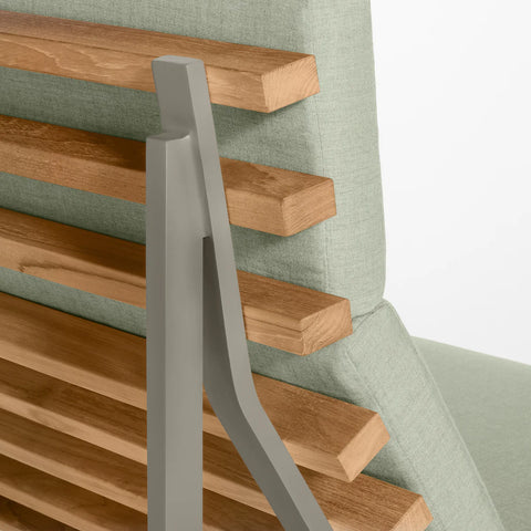 Perch Outdoor Lounge Chair by Blu Dot, FSC-certified teak slats and Charcoal frame with Sunbrella Oasis cushion detail