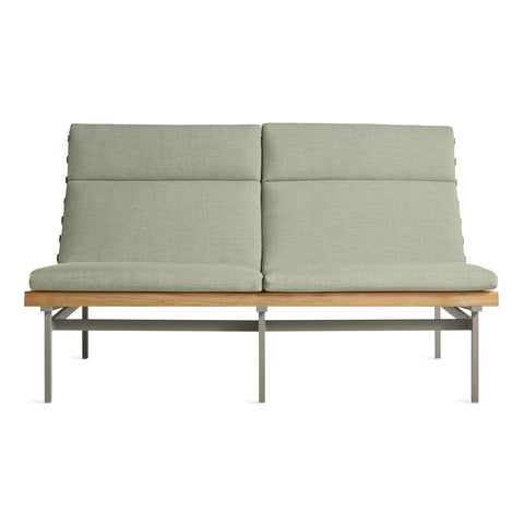 Perch Outdoor 2 Seat Sofa by Blu Dot in Sunbrella Oasis with charcoal aluminum frame and teak slats, 3/4 view