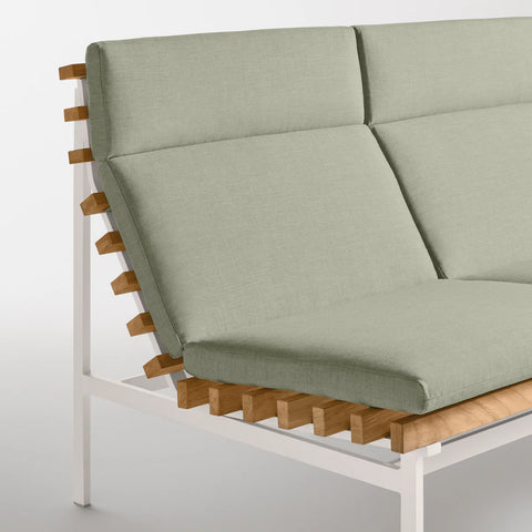 Perch Outdoor 3 Seat Sofa by Blu Dot, teak slat and White frame with Sunbrella Oasis cushion, side detail