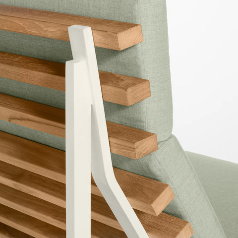 Perch Outdoor Lounge Chair by Blu Dot, FSC-certified teak slats and White frame with Sunbrella Oasis cushion detail