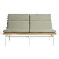 Perch Outdoor 2 Seat Sofa by Blu Dot in Sunbrella Linen with white aluminum frame and teak slats, front view