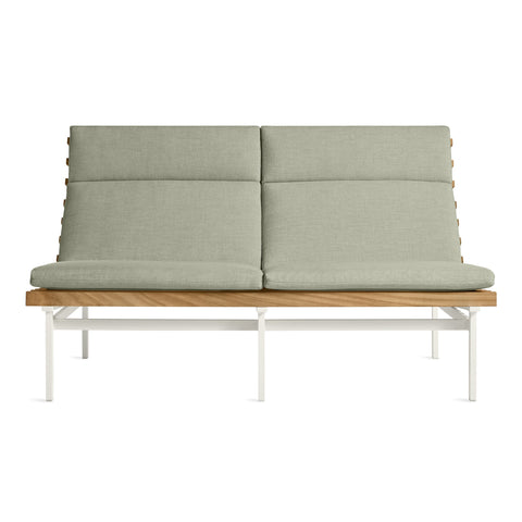 Perch Outdoor 2 Seat Sofa by Blu Dot in Sunbrella Linen with white aluminum frame and teak slats, front view