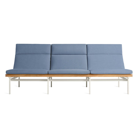 Perch Outdoor 3 Seat Sofa by Blu Dot in Sunbrella Oasis with White frame, FSC-certified teak slats, front view