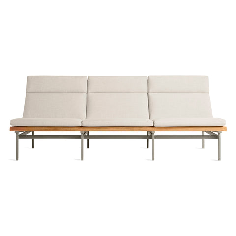 Perch Outdoor 3 Seat Sofa by Blu Dot in Sunbrella Haze with Charcoal frame, FSC-certified teak slats, front view